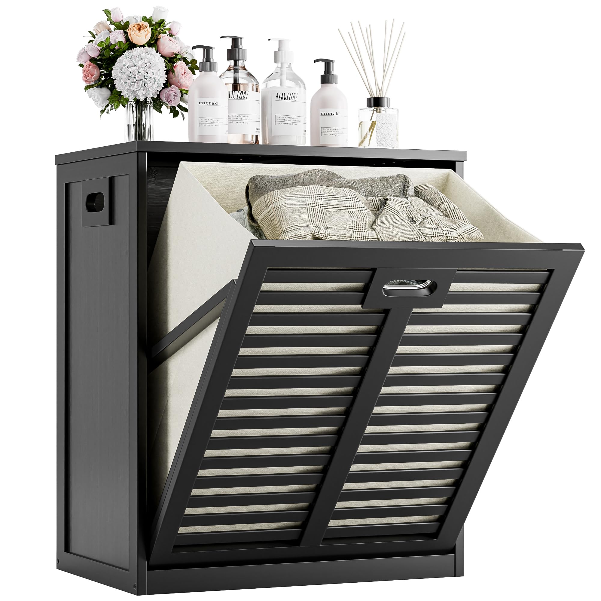 Photo 1 of **MISSING BASKET & ASSEMBLY HARDWARE**** HITNET Tilt Out Laundry Hamper, Bamboo Laundry Cabinet with Pull Out Removable Bag, 16 Gallon Clothes Basket with Metal Handle for Bathroom Kitchen, Black