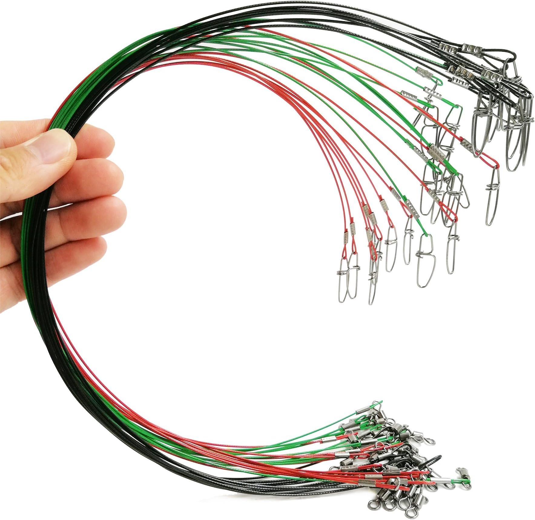 Drchoer 30Pcs Fishing Wire Leaders,100LB 19Inch Stainless Steel High Strength Fishing Line Leaders with Swivels and Snaps,Black/Red/Gree