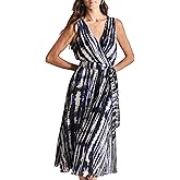 DKNY Women's Sleeveless Surplice Neck Lined Midi Dress with Removable Belt