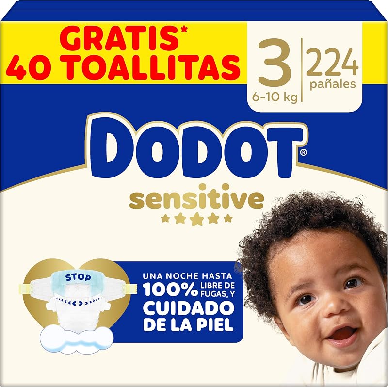 Pañales Bebé Sensitive, Talla 3 (6-10 kg), 224 Pañales + Regalo de 40 Toallitas Aqua Pure 99% Agua, Hasta 12 h De Protección Antifugas y Cuidado de la Piel, Pack Mensual