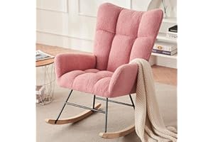 Sudwesto Modern Nursery Rocking Chair, Upholstered Glider Chair with High Backrest, Rocker Accent Armchair with Solid Wood Legs for Nursery Bedroom Living Room (Light Pink Teddy)
