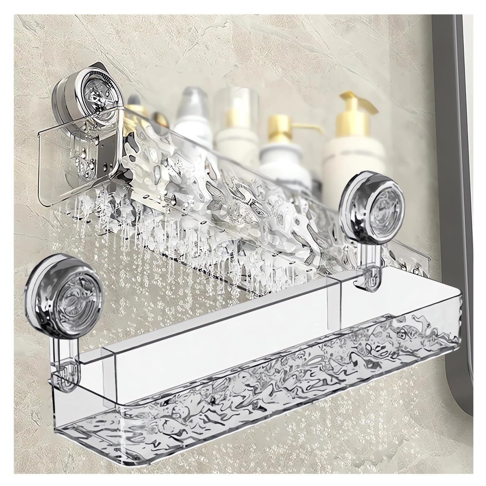 View 1 of Corrugated Suction Cup Storage Holder Corner Shower Caddy Large Organizer Bathroom Shelf Clear Acrylic Shower Tray Shelves Inside Floating Shower Wall Shelf Bath Basket Rack Heavy Duty (Rect-Clear)