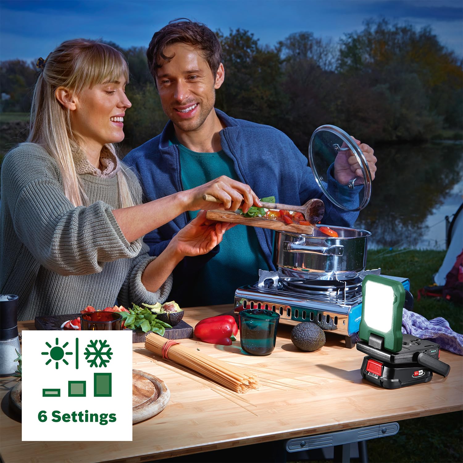Bosch Akku- LED-Leuchte/Campinglampe EasySpotLight 18V-400 (warm-/kaltweißes Licht; 3 Helligkeitsstufen, Kopf klapp-/drehbar: 360°/180°; 18V; Powerbank USB-C®; ohne Akku) 5
