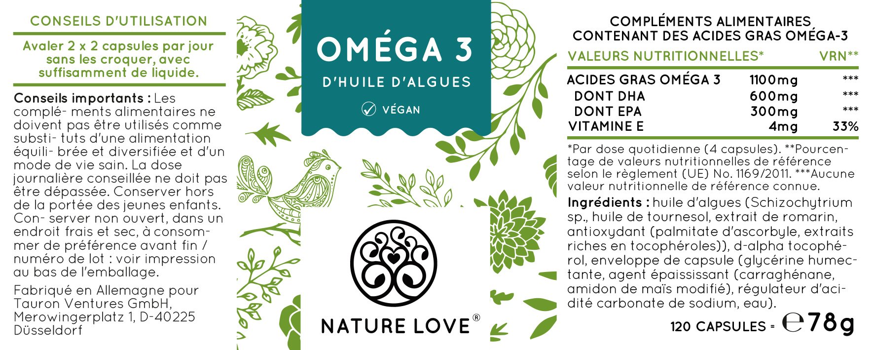 Capsules d\'huile d\'algues Omega 3 vegan - Qualité supérieure : végétales à base d\'huile d\'algues. 120 petites Oméga 3 gélules, faciles à avaler. Contient des acides gras EPA & DHA. Complément alimentaire de Nature Love
