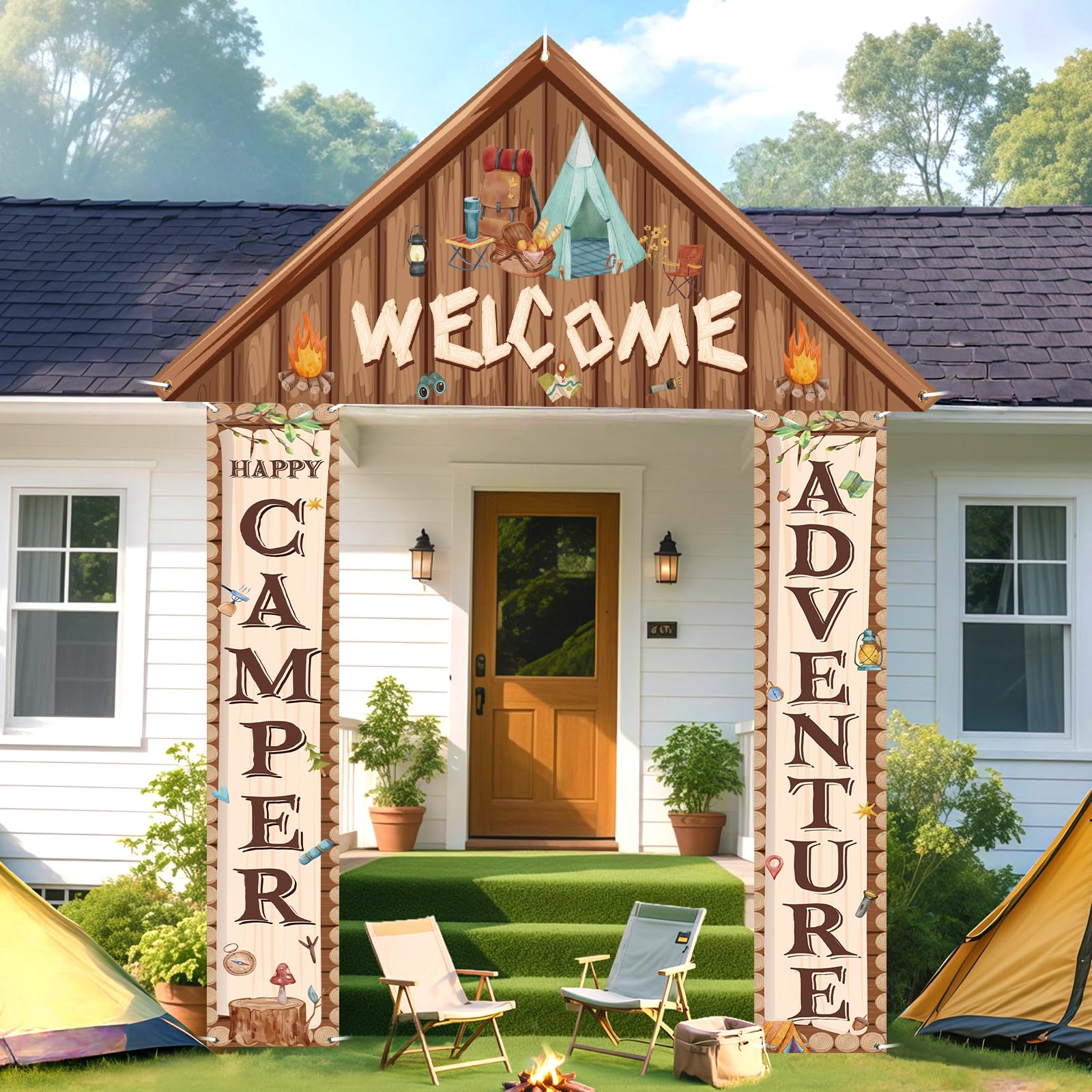 Photo 1 of 3PCS Camping Party Decorations Welcome Banner Porch Sign for Summer Camp Birthday Hawaii Baby Shower Themed Party Activity Celebration Door Decor Photo Booth Supplies