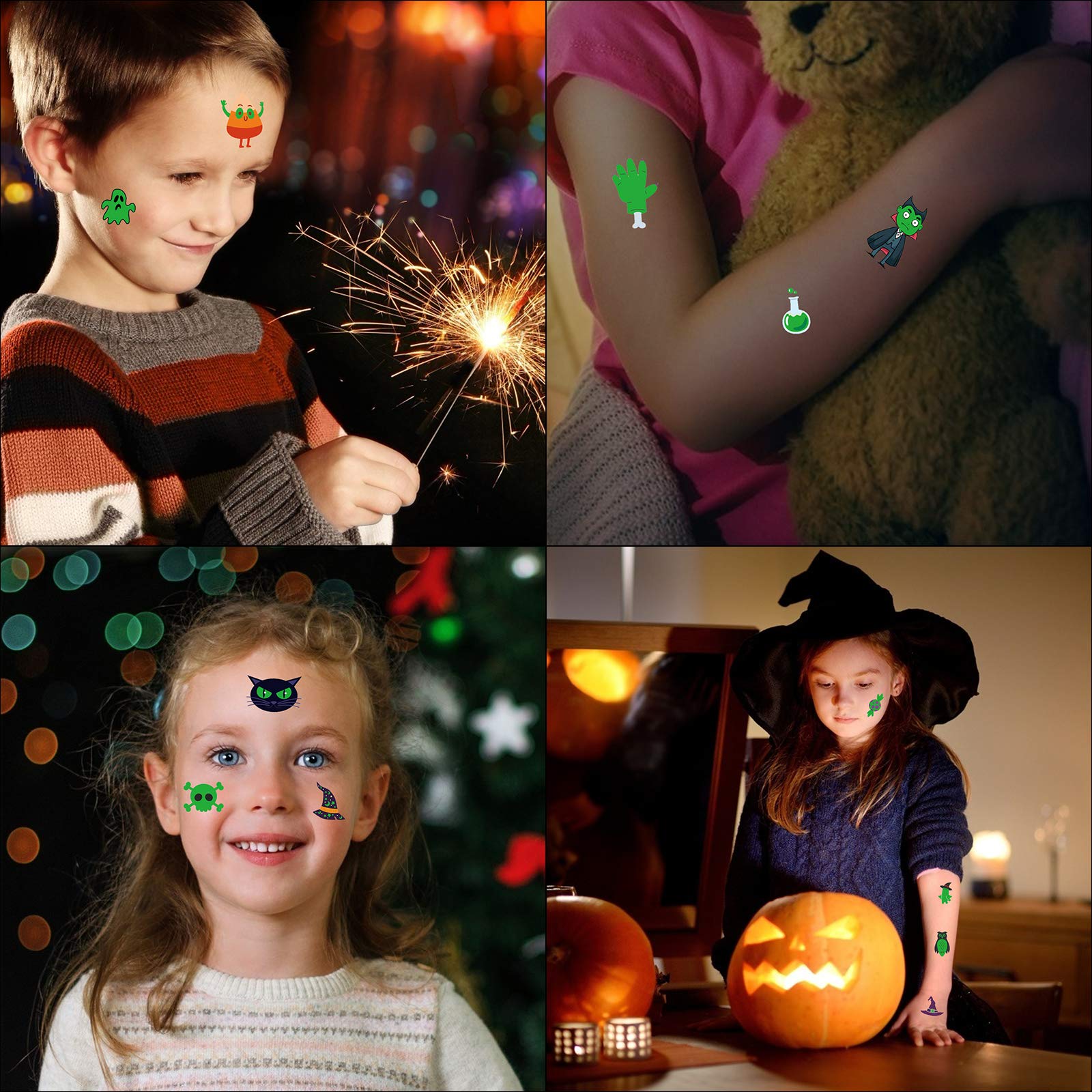TAZEMAT 10 Blatt Halloween Temporäre Tattoos Fluoreszierende wasserdichte Tattoos Temporär Tätowierung Kürbis Geist Fledermaus Kunst Tattoos Kindertattoos Jungs Mädchen Halloween Party