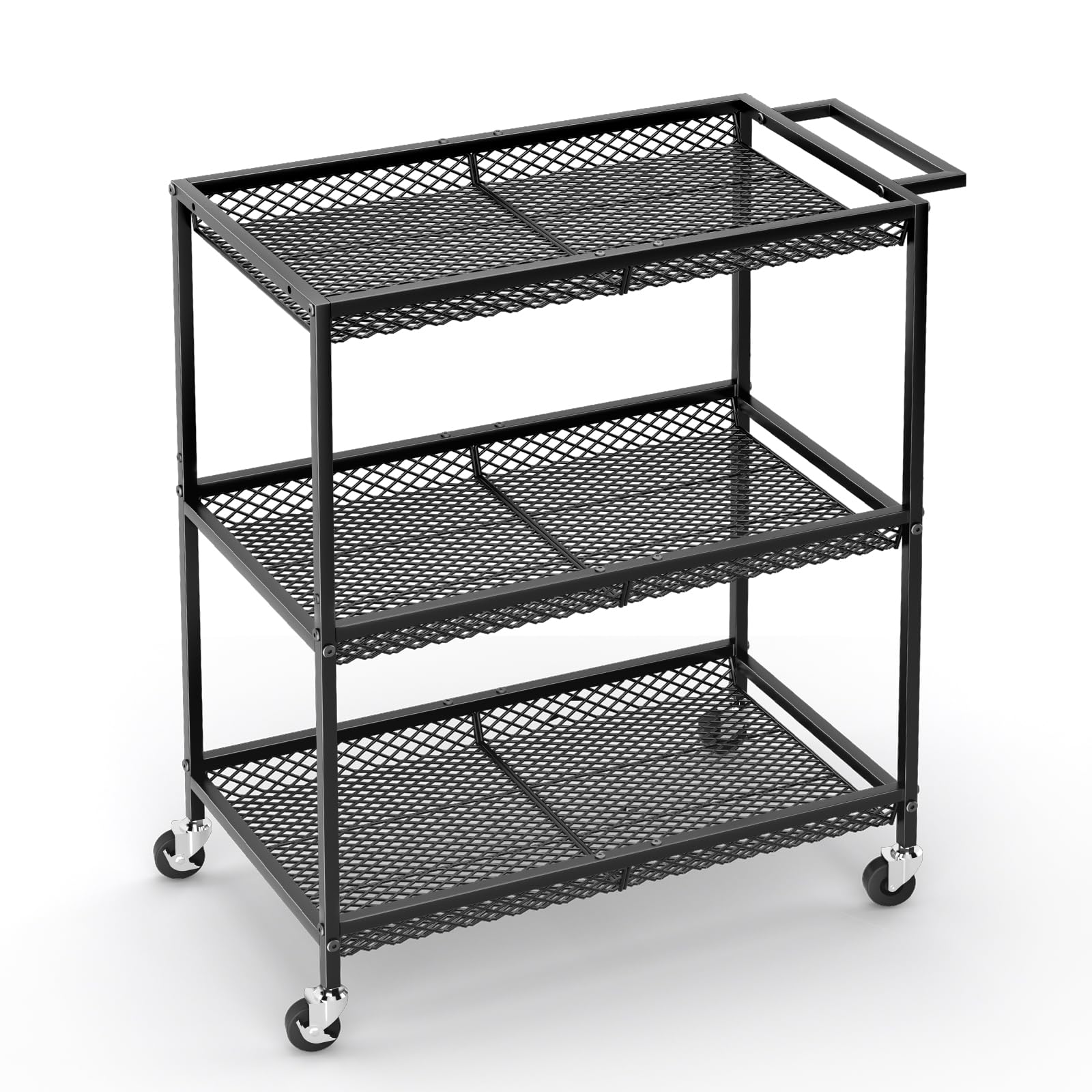Photo 1 of 3 Tier Rolling Utility Kitchen Cart, Heavy Duty Wire Rolling Cart on Wheels, Commercial Metal Serving Carts with Handle, Kitchen Island Plant Shelf Food Storage Trolley for Laundry, Office, Garage