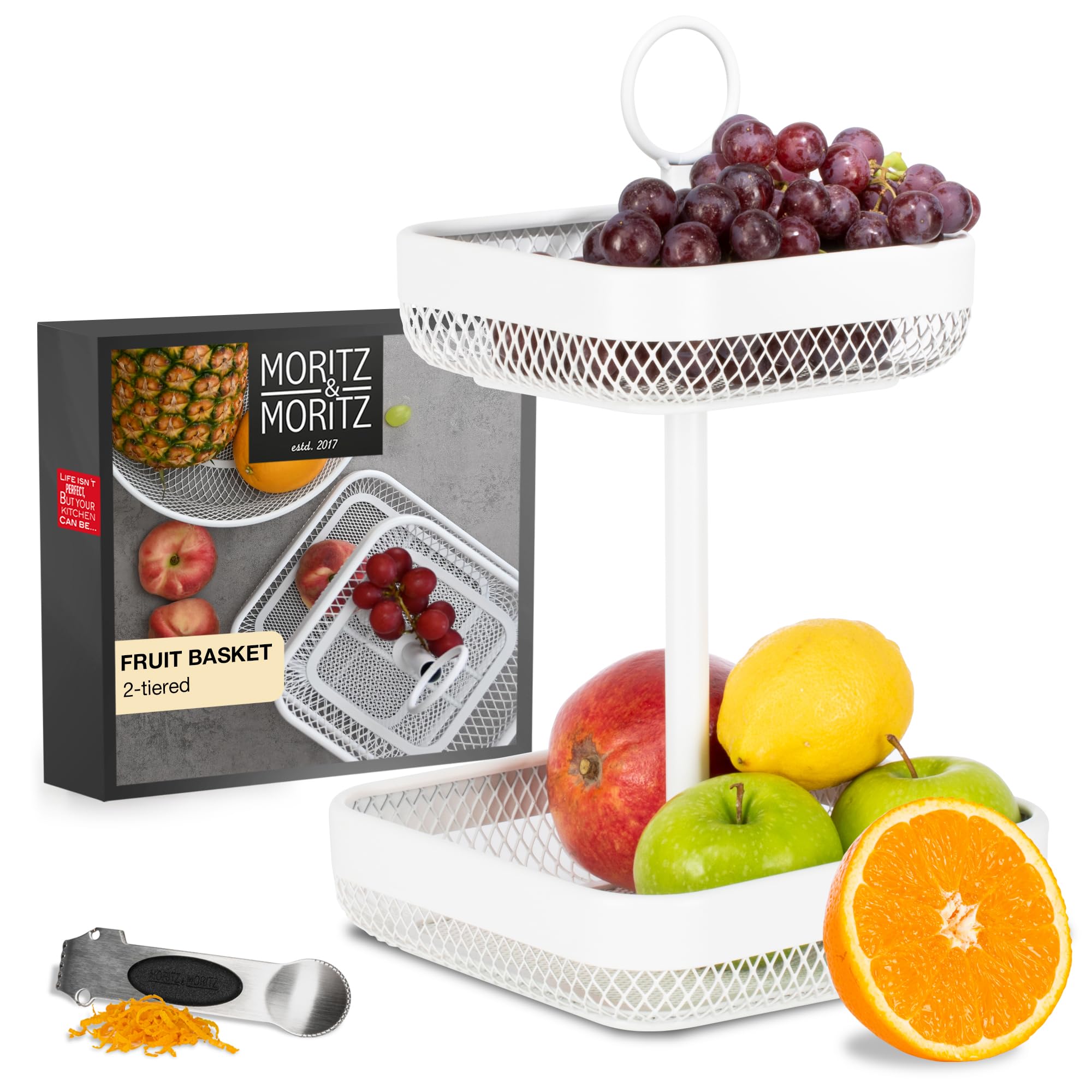 Moritz & Moritz Tiered Fruit Basket White Metal – 21 x 21 x 35,5cm – Modern Fruit Bowl Large White – Fruit Basket Etagere for Keeping Fruits, Vegetables and Bread