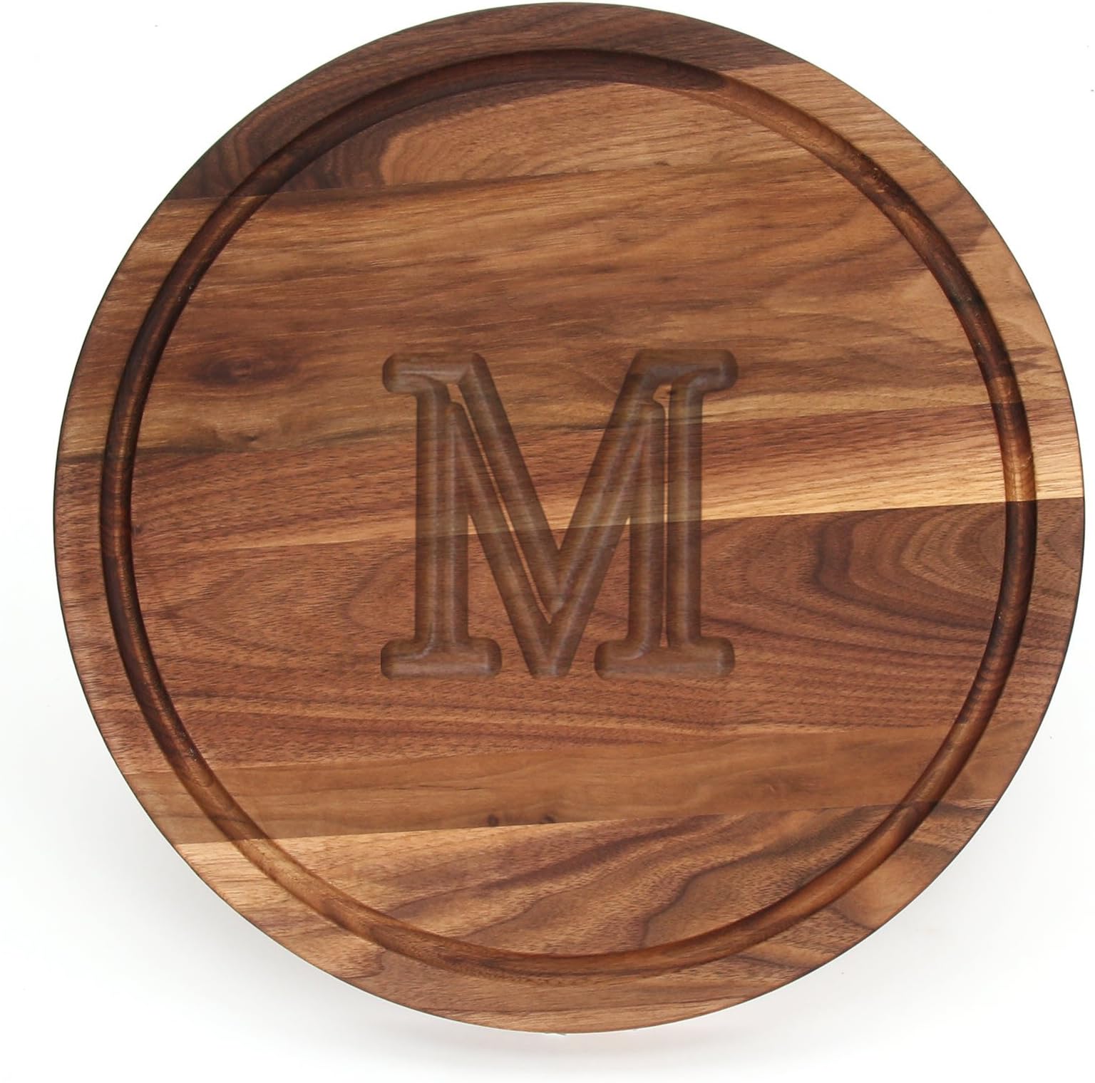 BigWood Boards W110-M Cutting Board, Monogrammed Cutting Board, Medium Round Cheese Board, Thick Walnut Wood Serving Tray, "M"