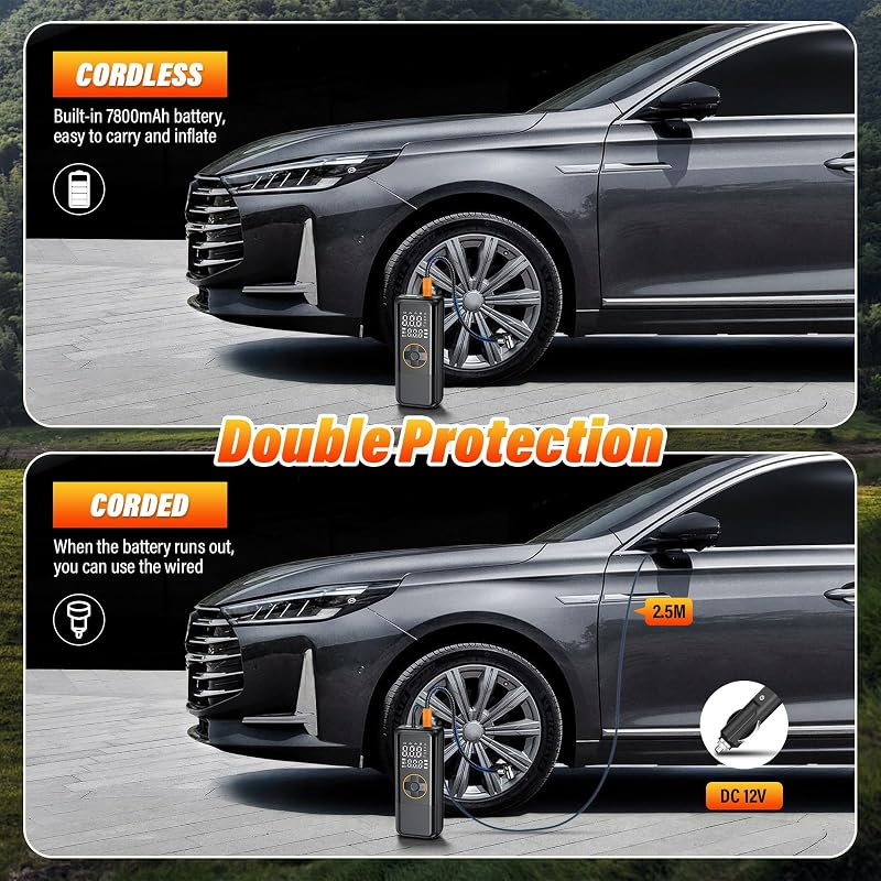 Tragbarer Dual Power ReifenfüllerAuto Luftpumpe, Digitalem Display & Automatischer Abschaltung für Auto SUV Motorrad Fahrrad Notfall & Reisen