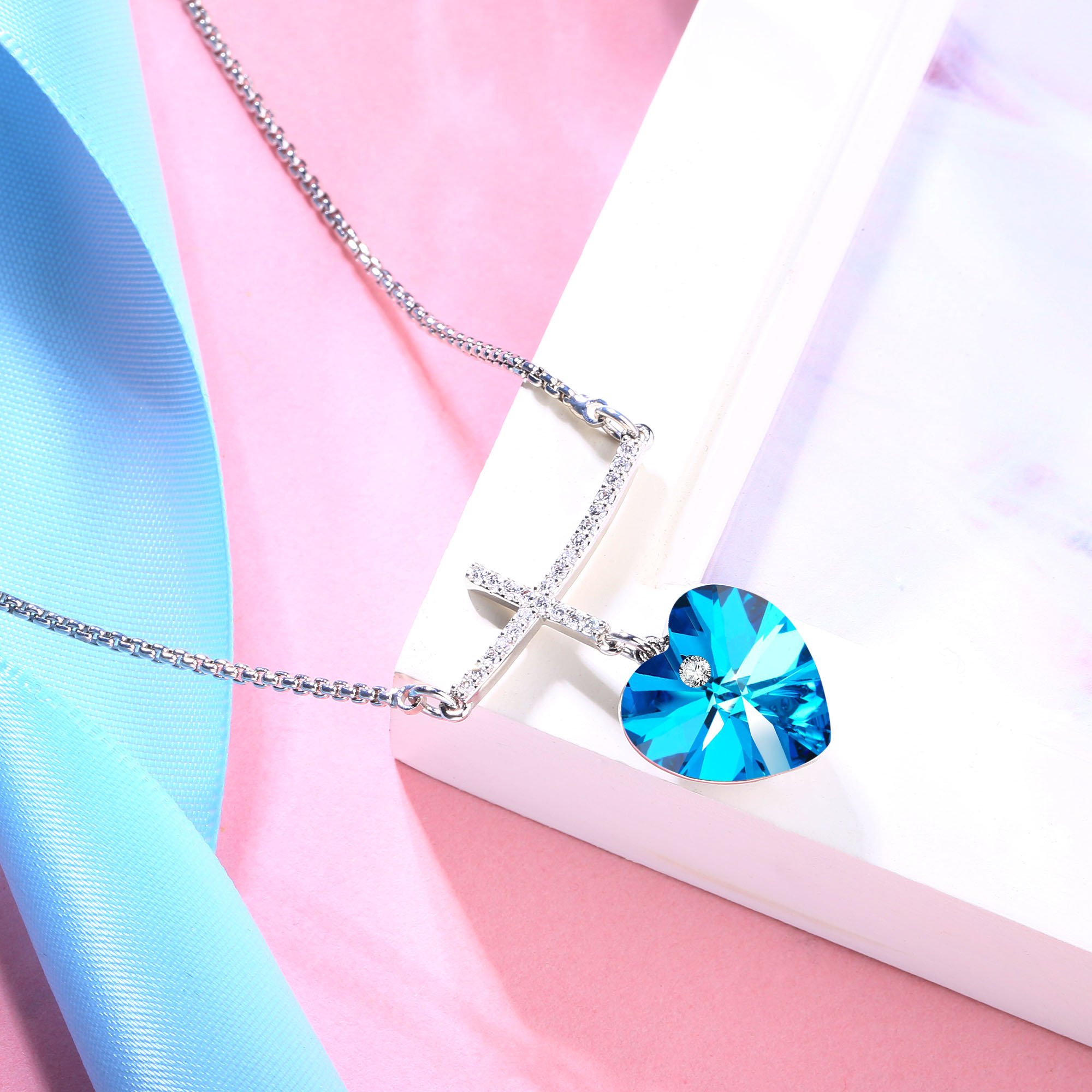 GEORGE SMITH My Prayer Cross Pendant Necklace Diamond necklaces Blue Crystal from Swarovski,Women Jewelry Gifts for her (Blue-2)