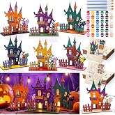 Threehoney 24 Sets Halloween Wooden Haunted House to Paint, Craft Kit DIY | Haunted 3D Craft Bulk for Kids Classroom, 24 Sets Paints and Paint Brush, Halloween Party Supplies Spooky House Table Center