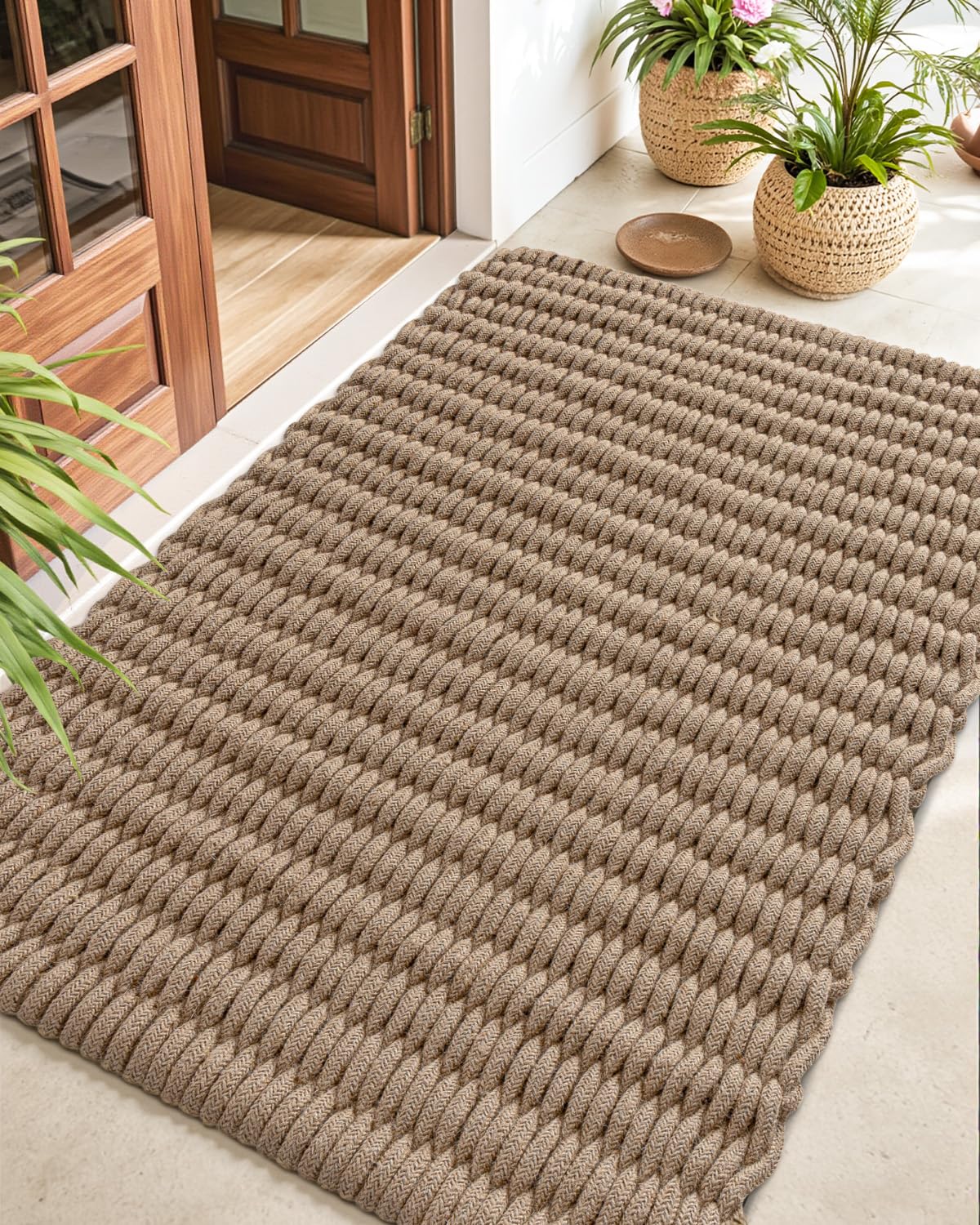 Photo 1 of DEXI Jute Door Mat for Front Entryway, 35x59 Braided Woven Doormat Outside Entrance, Dirt Trapper Natural Fiber Entry Mats for Patio, Brown