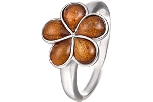 Aloha Jewelry Company 925 Sterling Silver Koa Wood Hawaiian Plumeria Flower Wedding Band Promise Ring, Nickel Free Hypoallergenic for Sensitive Skin, Rhodium Finished, Gift Box Included