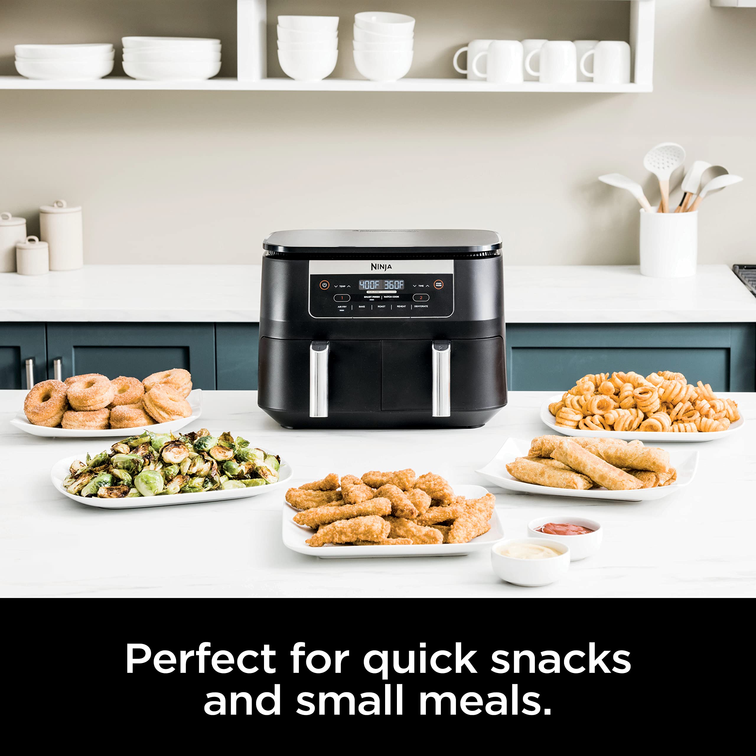 Ninja DZ090 Foodi 6 Quart 5-in-1 DualZone 2-Basket Air Fryer with 2 Independent Frying Baskets, Match Cook & Smart Finish to Roast, Bake, Dehydrate & More for Quick Snacks & Small Meals, Black