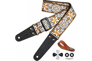 Nefelibata Guitar Strap, Embroidered Cotton Guitar Straps with Head Cowhide Leather Ends for Bass, Electric & Acoustic Guitars, with Free Strap Button, 1 Pair Strap Locks and 4 Guitar Picks