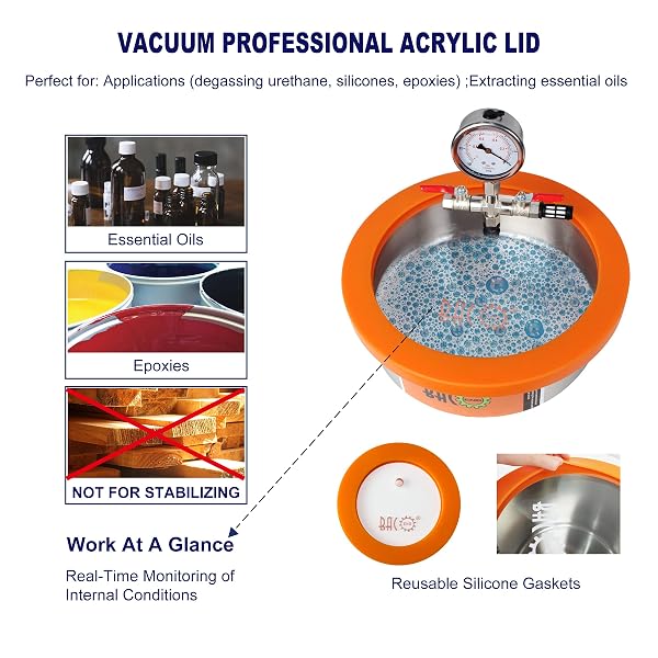 BACOENG 1 GALLON FLAT VACUUM CHAMBER KIT, STAINLESS STEEL VACUUM DEGASSING CHAMBER FOR RESIN, SILICONE AND EPOXIES