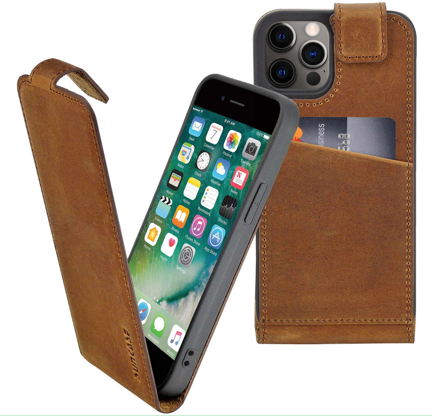 Suncase Original Flip-Style (Ultra-Slim) compatible with iPhone 12 Pro (6.1") Case Leather Case Bag Protective Case Cover Case in Antique Coffee