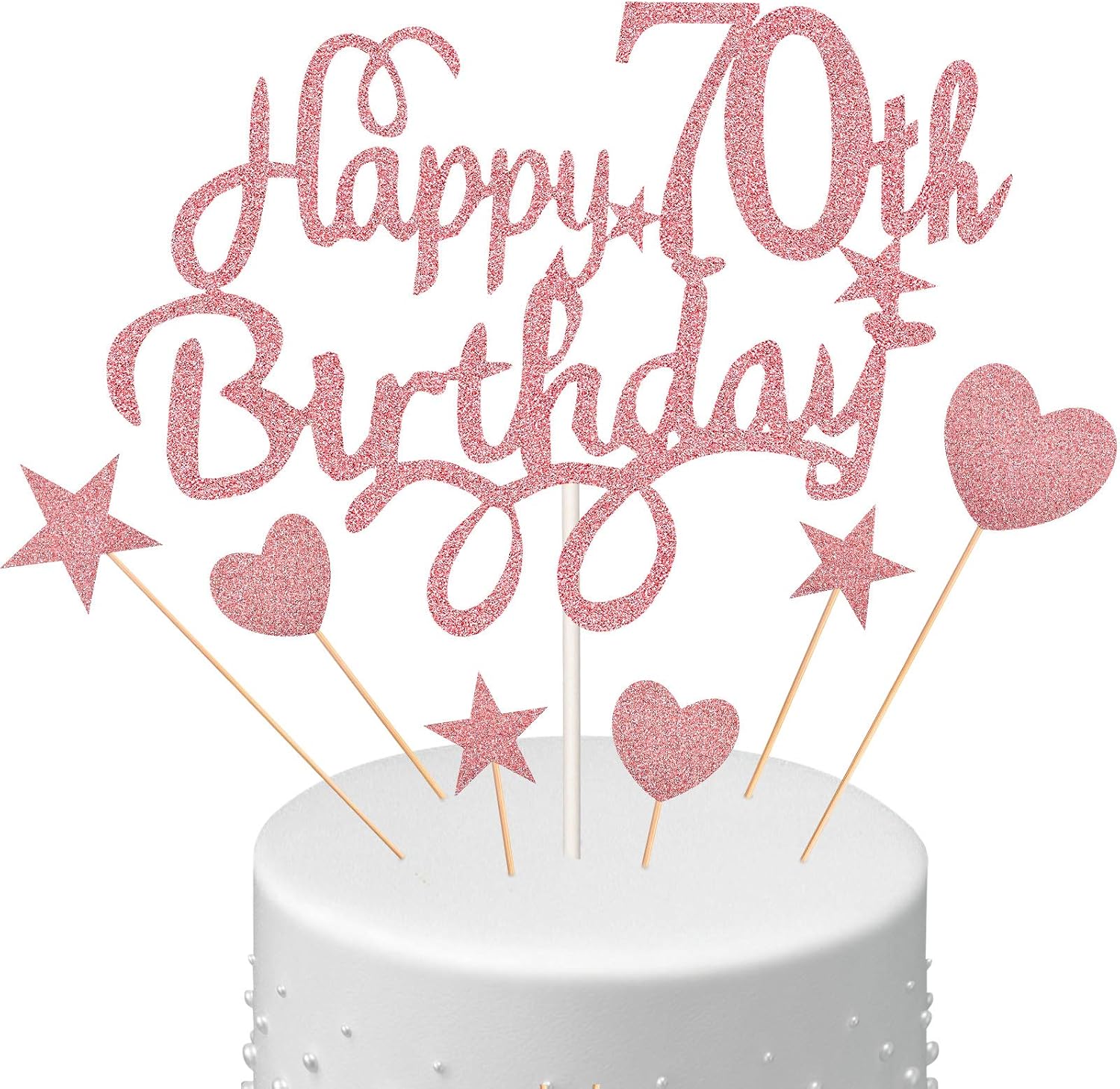 Boao 8 Pcs Happy 70th Birthday Cake Toppers Sets Include 2 Rose Gold Cake Pick Star 3 Heart Decor Personalised Glitter Birthday Party Decorations for Women Mum