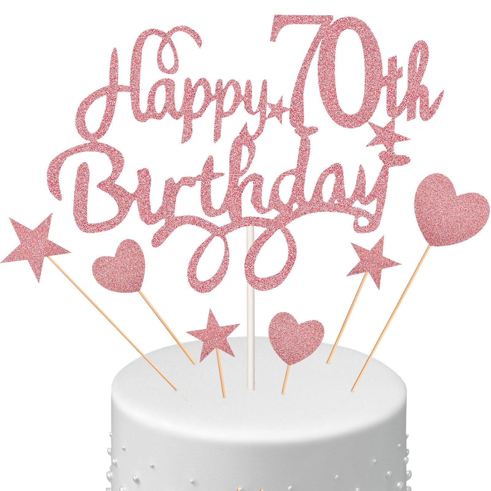 Boao 8 Pcs Happy 70th Birthday Cake Toppers Sets Include 2 Rose Gold Cake Pick Star 3 Heart Decor Personalised Glitter Birthday Party Decorations for Women Mum