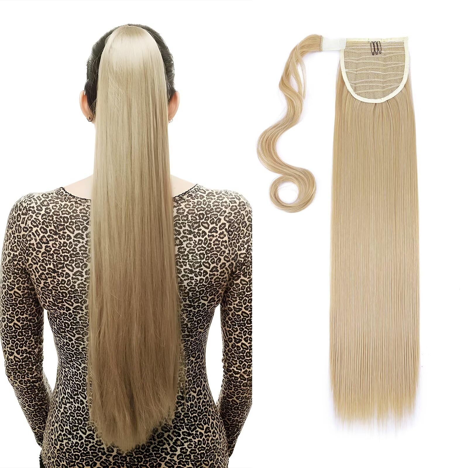 Silk-co 23" Ponytail Hair Extension Clip in/on Ponytail Straight Synthetic Wrap Around Extension Hairpiece for Women(Dark Blond&Bleach Blond)