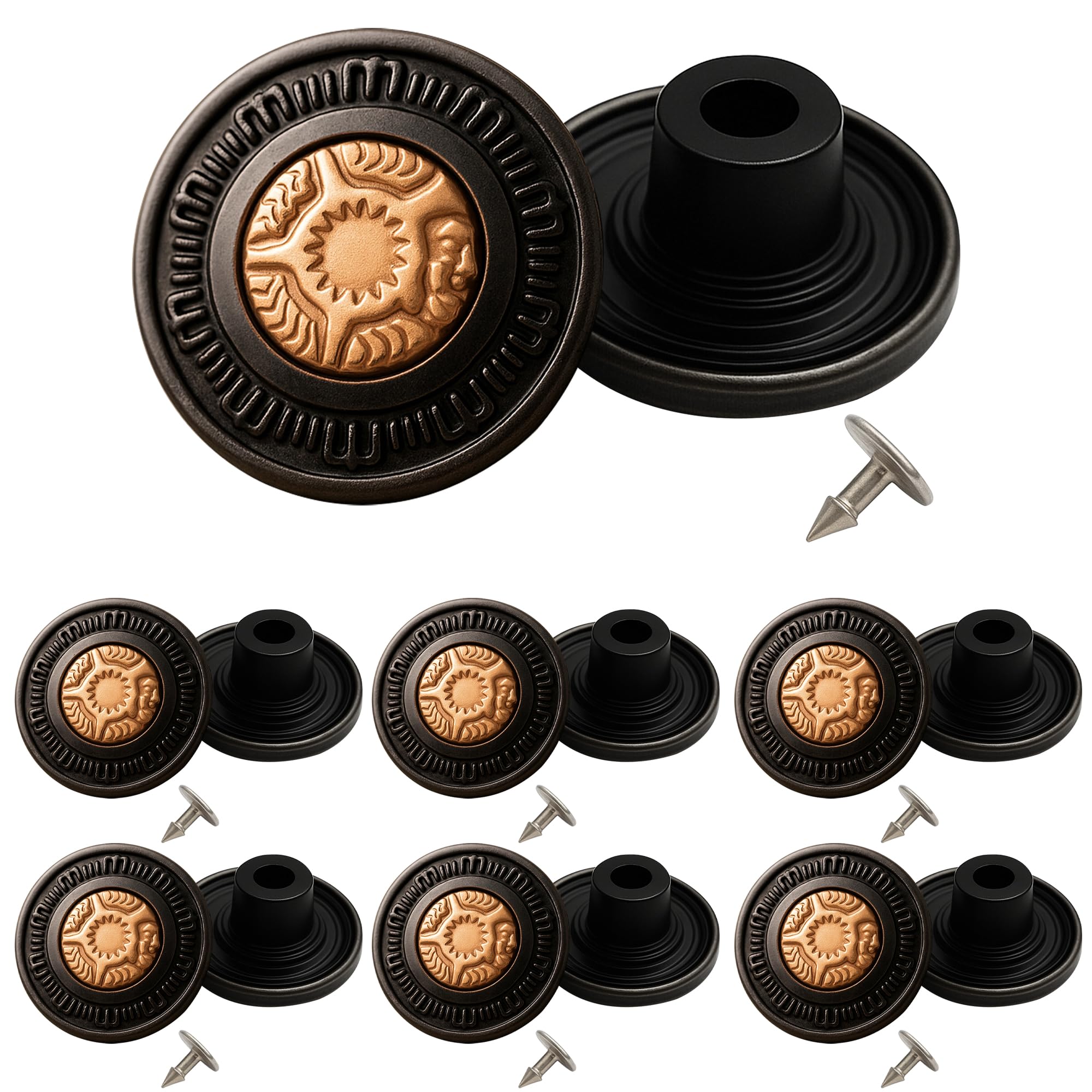 Trimming Shop Black 17mm Brass Jeans Button Hammer on Tack Fasteners with Aluminium Back Pin Hand Pressed Studs for Clothing Repairing, Denims, Jackets, 10pcs