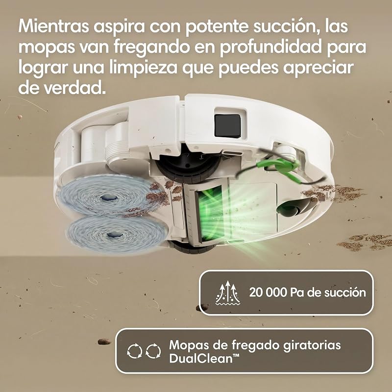 Roomba Plus 416 Combo e Base AutoWash, Aspirador e Esfregão, Acessórios Extra, 20000Pa, Esfregona Extensível, Esfregonas DualClean Levantáveis, Secagem a Quente, LiDAR Clearview, 90 dias de Autonomia, Branco
