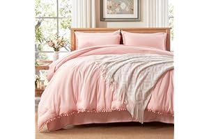 Anluoer Twin Comforter Set 5 Piece, Pink Bed in a Bag with Sheets, Pom Pom Boho Bedding Comforter Sets with 1 Comforter, 1 Pillow Sham, 1 Pillowcase, 1 Flat Sheet, 1 Fitted Sheet