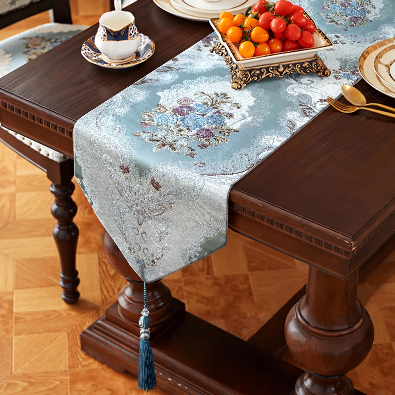 HeMiaor Handmade Table Runner Retro Embroidery Pattern with Tassels for Luxurious Home Decor for Party Dinner 120 inches Long Light Blue