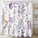 MAYZUS Purple Floral Shower Curtain, Cute Botanical