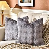 AmHoo Pack of 2 Throw Pillow Covers 3D Dense Faux Rabbit Fur Cozy Super Soft Fuzzy Set Case Cushion for Couch Sofa Bedroom 18 x 18-Inch Grey