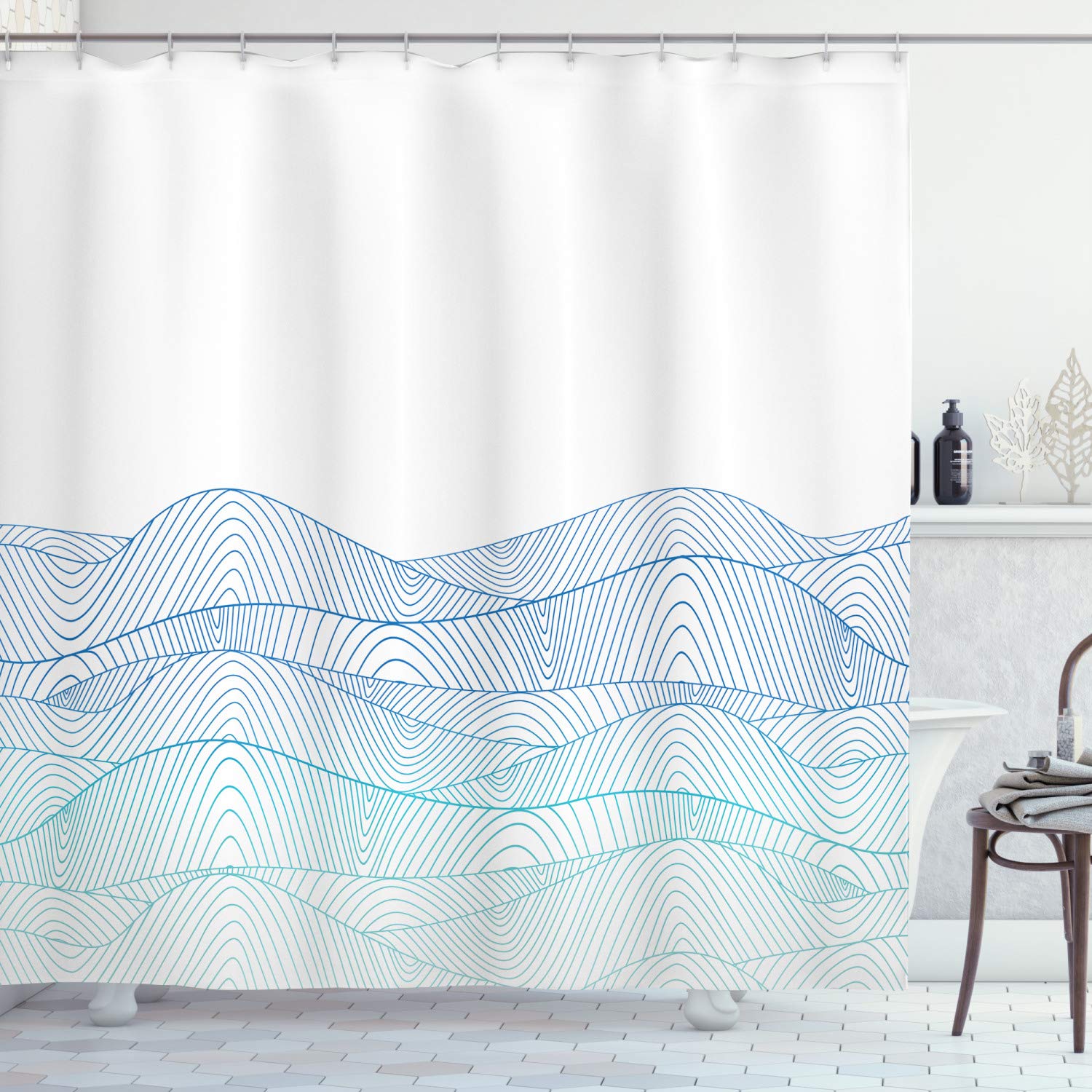 ABAKUHAUS Blue and White Shower Curtain, Ocean Seascape Abstraction with Wavy Line Composition Aquatic, Cloth Fabric Bathroom Decor Set with Hooks, 78 Inches, Blue Turquoise and White