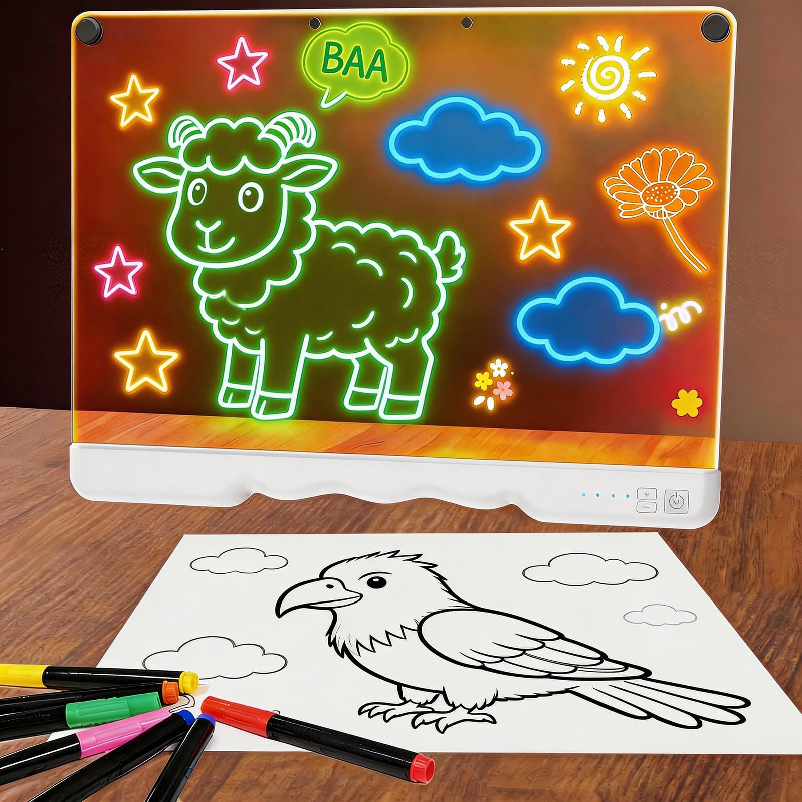 Icetop LED Drawing Board, 16 Inch with 7 Neon Glow Modes Interactive Light Up Art Pad Creative Sketching Message Board Gift Kit with 5 Markers for Kids Adults