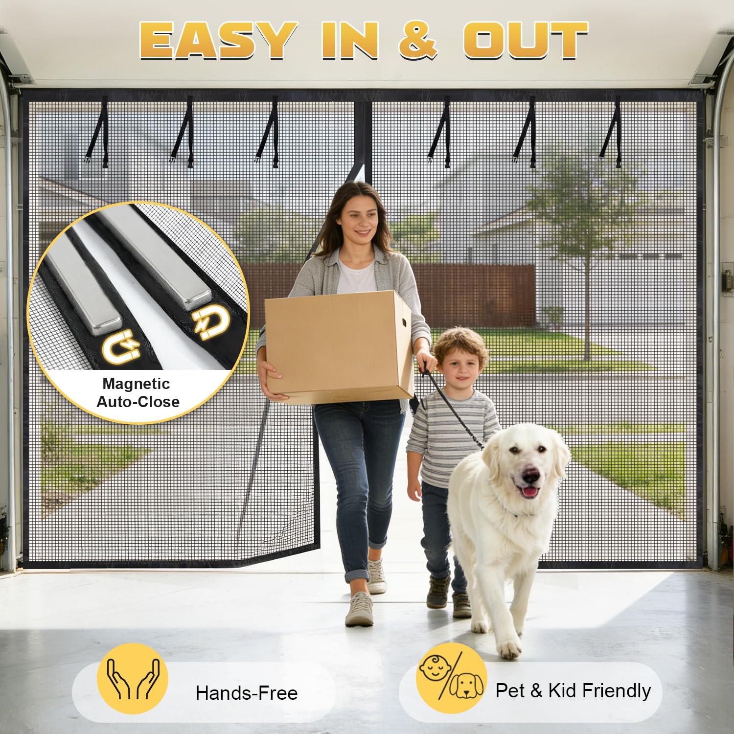 Condition photo showing New/Like New for garage door screen 2 car garage 18x8ft, heavy duty magnetic hands-free closure, fiberglass mesh gara