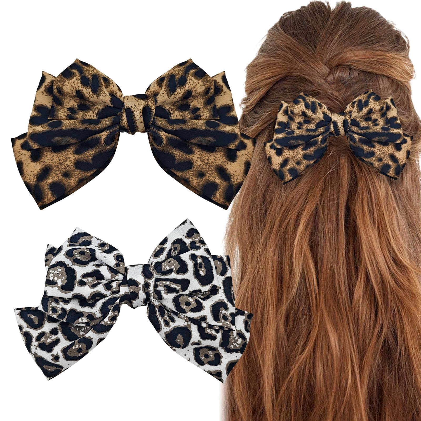 2 PACK Leopard Hair Bow Clips, Vintage Large Bow Hair Clips for Women Hand-Made Big Leopard Print Hair Bows Hair Barrettes Hair Accessories for Women Girls
