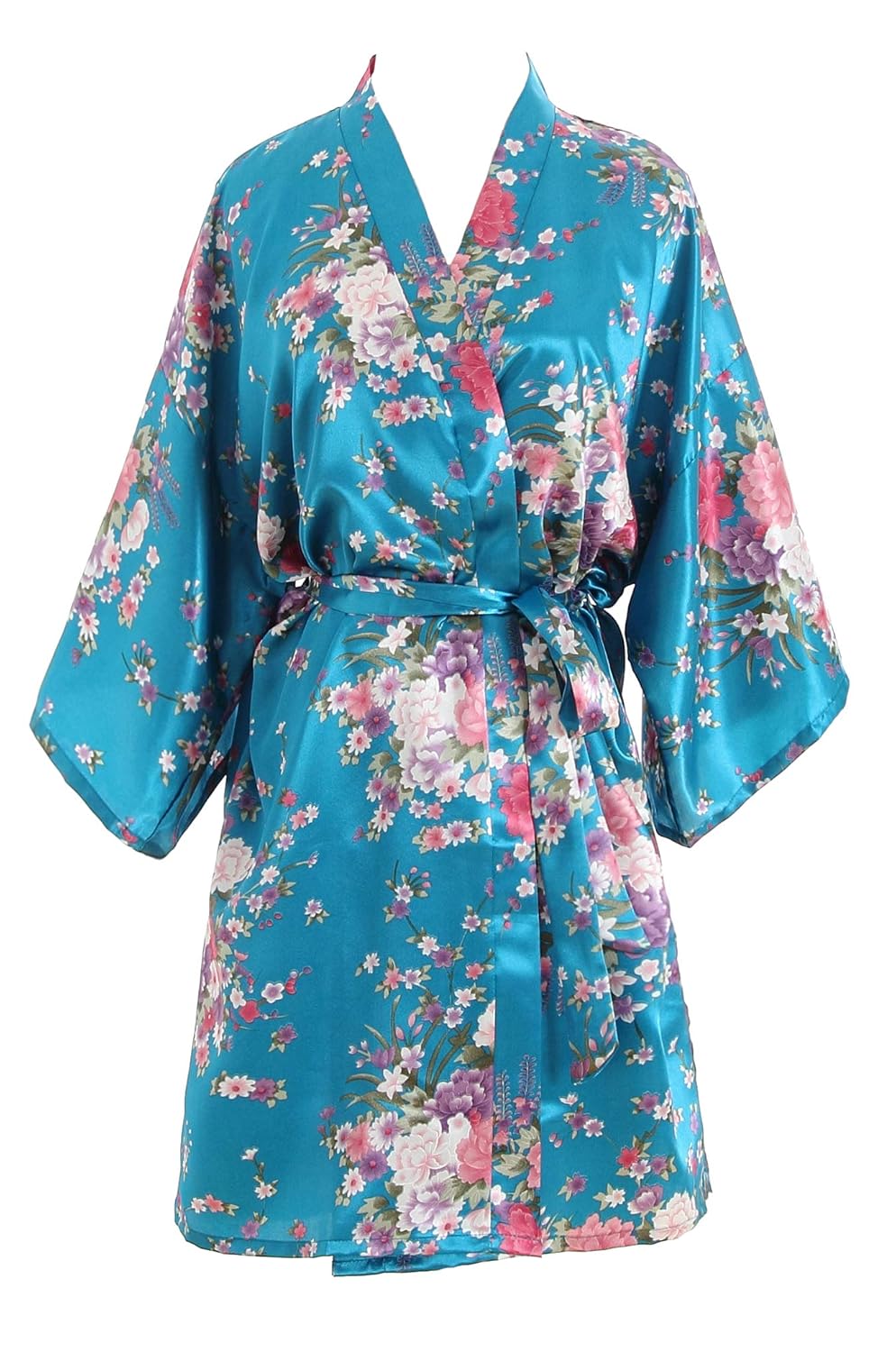 luxurysmart Cherry Blossoms Floral Satin Kimono Robe, Blue, One Size