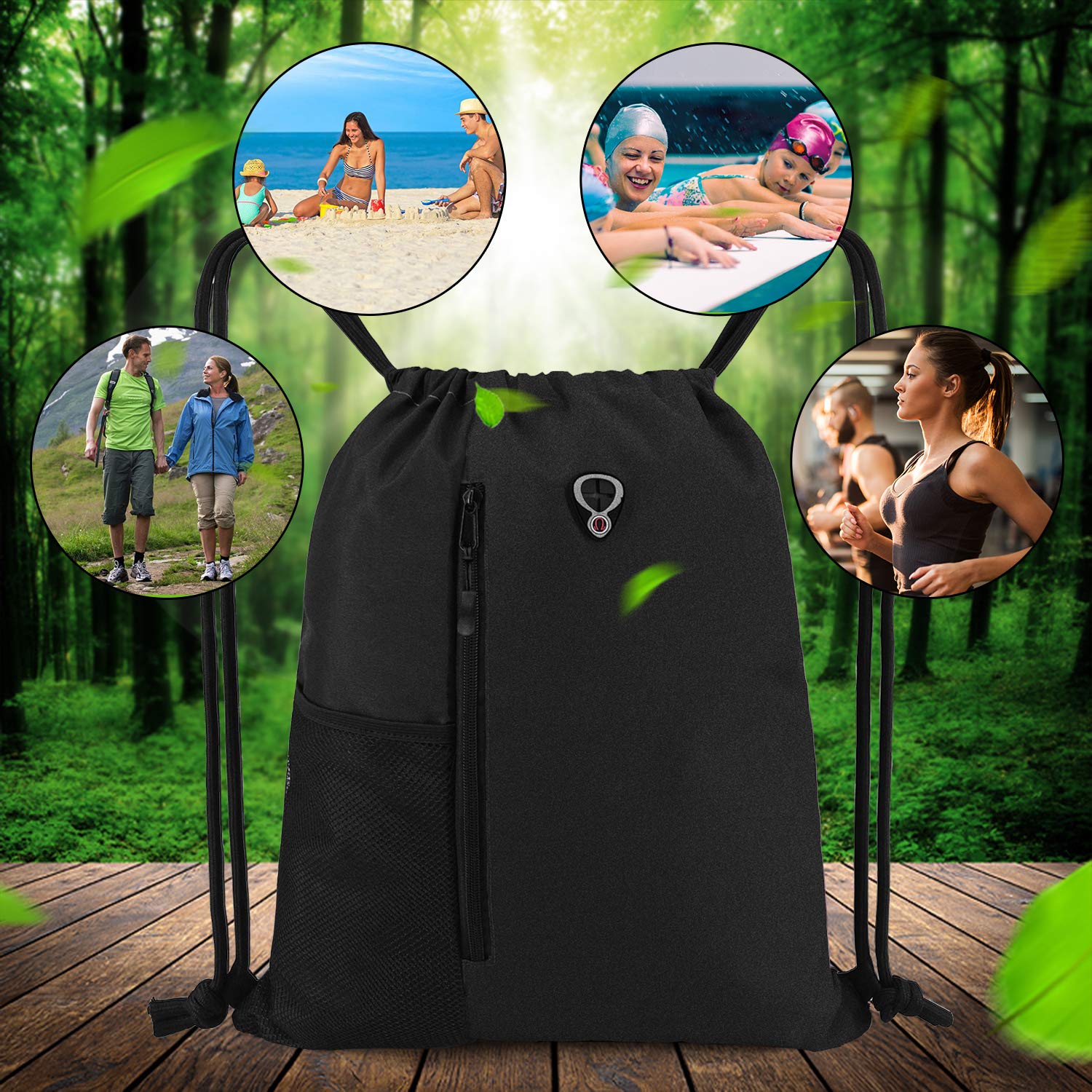 BeeGreen Black Drawstring Backpack Gym Bag For Men Women String Sports Backpack With Water Bottle Mesh Pockets And 2 Zippered Pocket Large Cinch Sackpack Workout Bag 16