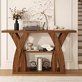 Tarnorci 55 inch Farmhouse Entryway Table, Console Table with 3-Tier Storage, Rustic Striped Brown X-Shaped Narrow Entry Table for Behind Couch, Living Room, Hallway, Foyer