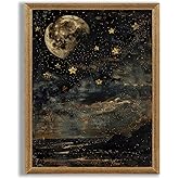 Palette Dreams Moody Gothic Dark Moon and Stars Canvas Wall Art, Vintage Witchy Academia Wall Decor,Dark Boho Decor Celestial Wall Decor for Bedroom Living Room 8 x 10 inch Wood Framed