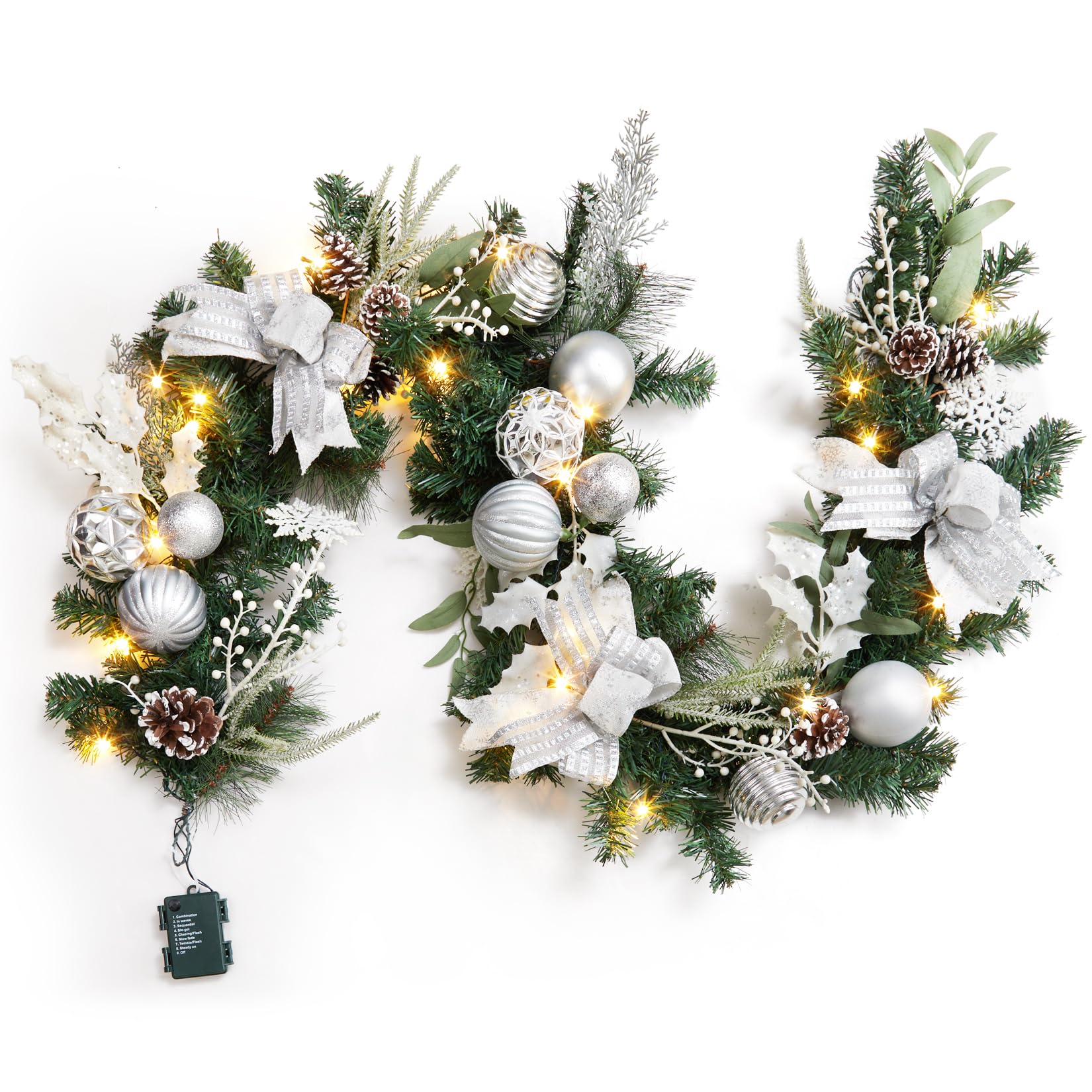 Photo 1 of 6ft Lighted Christmas Garland, Battery Operated Christmas Garland with 20 LED Lights Silver White Ball Ornaments Pine Cones Bow for Fireplace Mantle Stair Railing Outdoor Indoor Decorations