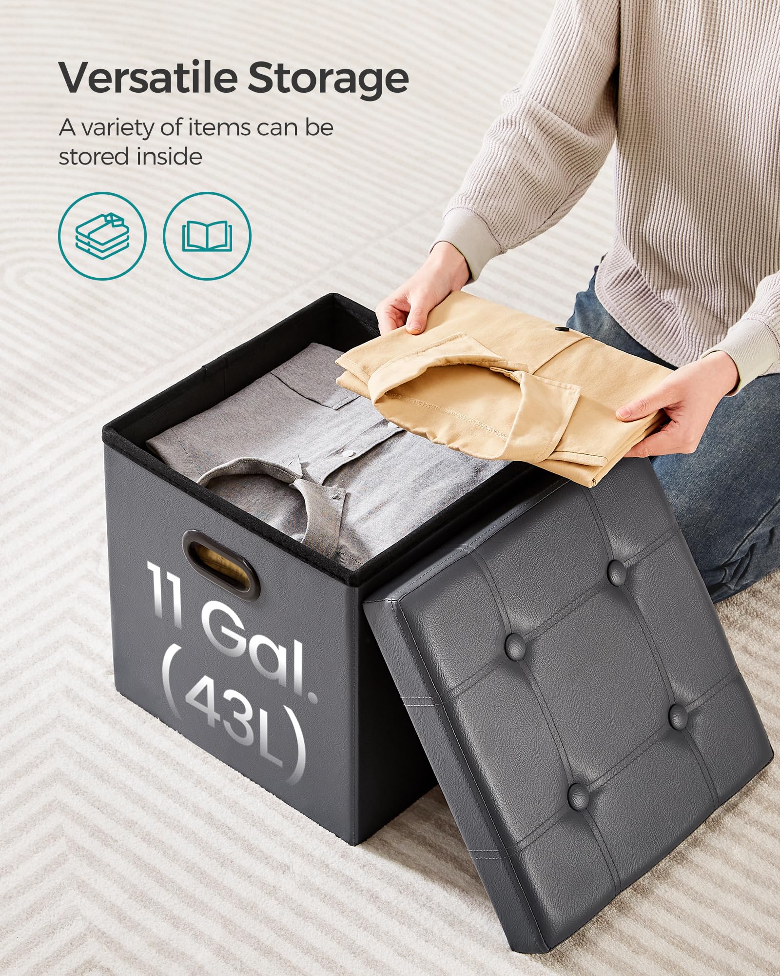 SONGMICS Mazie Collection - 15 Inches Ottoman with Storage, Footstool, Storage Ottoman with Metal Grommet Handles, Load 660 lb, for Dorm, Living Room, Bedroom, Synthetic Leather, Dark Gray ULSF030G01 - Image 4