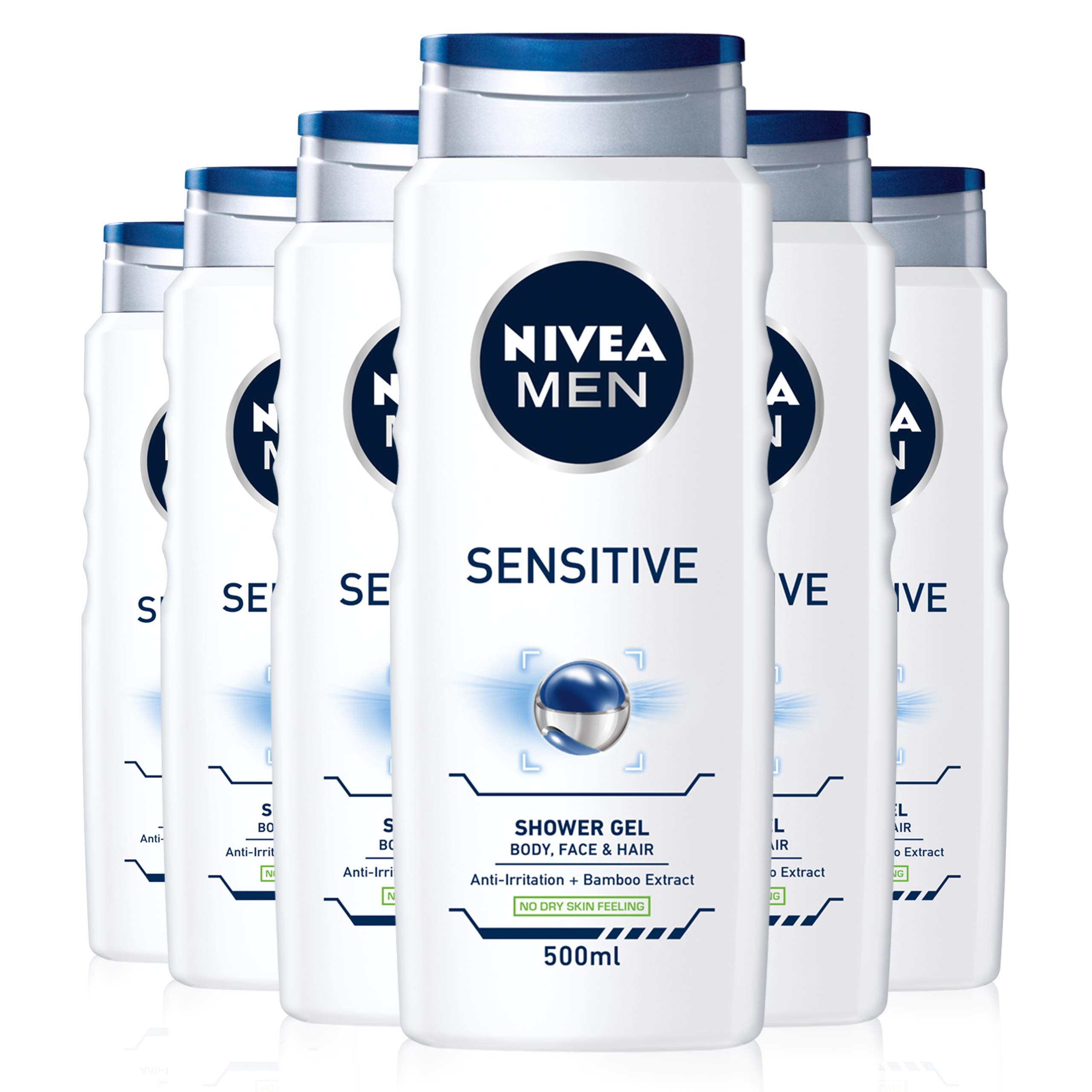 NIVEA MEN Sensitive Shower Gel Pack of 6 (6 x 500ml), Alcohol-Free Sensitive Skin Shower Gel, Gentle Shower Gel for Men, Shower Gel for Irritated Skin