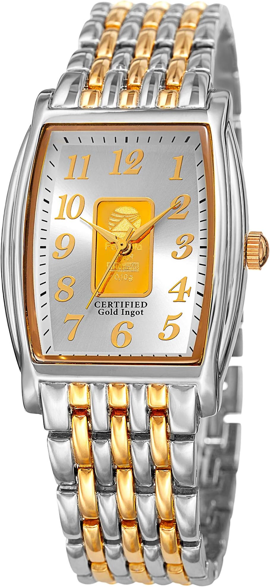 August Steiner AS8226 Certified Gold Ingot Bar Men's Bracelet Watch - Stainless Steel Chain Link Band, Rectangle Barrel Tonneau Case, Quartz Movement