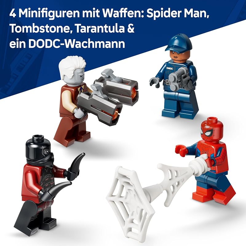 | Marvel Spider-Man Jagt den Gefängnistransporter - Superhelden Spielzeug mit gepanzertem Fahrzeug und 4 Minifiguren inkl. Tombstone und Tarantula - Geschenk für Jungen ab 8 Jahren - 76349