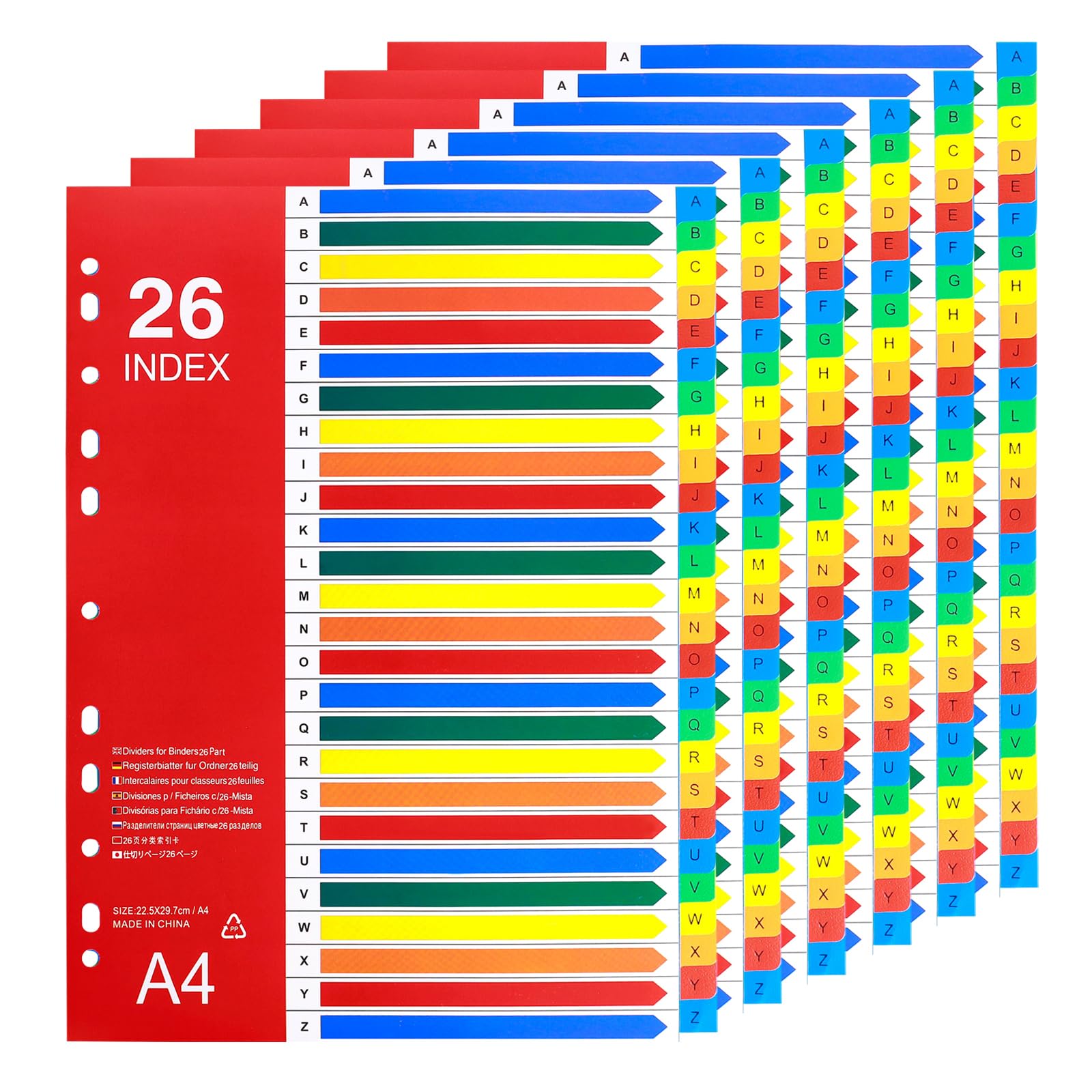 Hotyin File Dividers A4, [6 Pack] A-Z Tabs Folder Dividers, 26 Part A4 Dividers for Lever Arch Files, Multicolor Tabs Binder Dividers for School, Office, Home