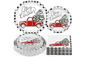 Homlouue 200 PCS Christmas Paper Plates and Napkins, Cartoon Red Truck Christmas Tree Disposable Dinnerware Set, Black White Plaid Paper Plates Holiday Christmas Party Supplies Decoration Serves 50