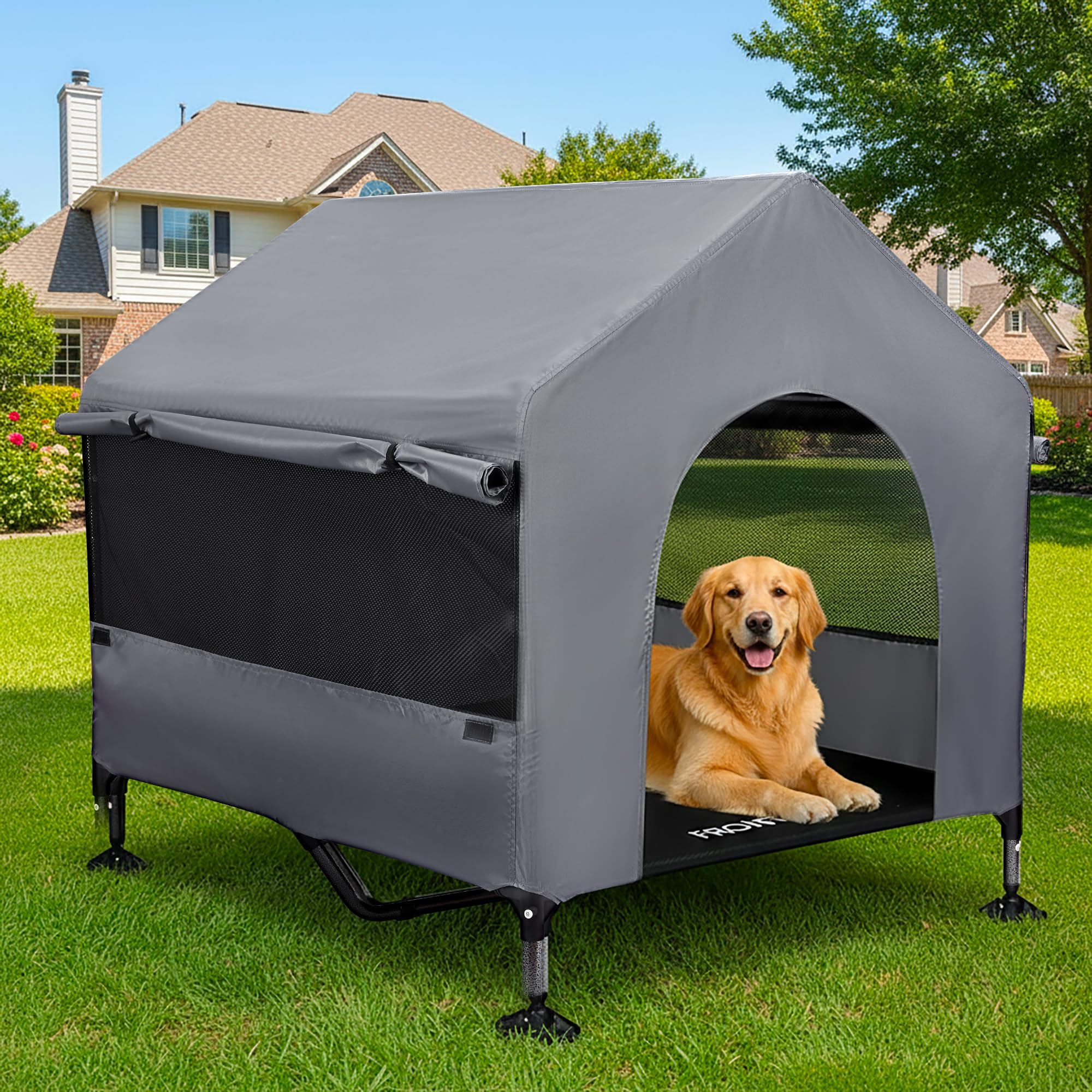 Photo 1 of Pawmmo 42" Dog House Outdoor Indoor with Breathable Mesh Windows, 2-in-1 Outside Dog House Elevated Dog Bed Cot Dog Tent Shade Shelter, Easy to Assemble & Clean (42 INCH)