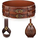 Sweetude 3 Pcs Medieval Viking Belt Renaissance Belt Pouch Sword Set for Men Embossed Pu Leather Set for Halloween Knight Warrior Pirate Cosplay Dark Brown