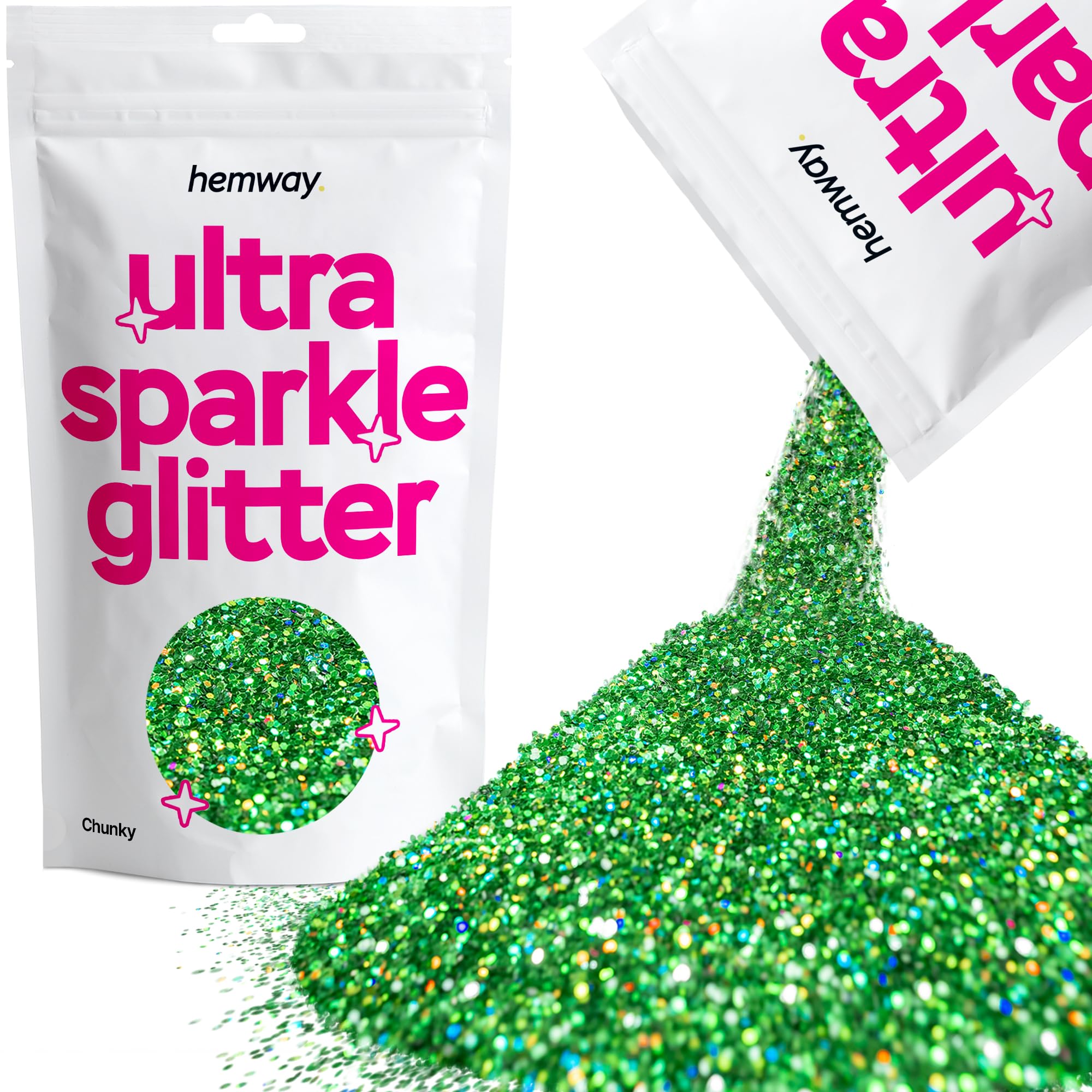 Hemway Ultra Sparkle Glitter Emerald Green Holographic 100g Chunky | Glitter for Arts & Craft, Makeup, Nail Art, Crafting, Card Making, Sparkle Decoration
