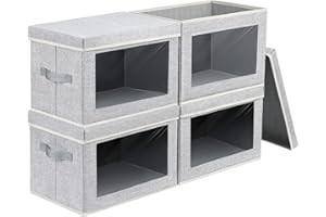 DIMJ Fabric Storage Box with Lid - 4 Pack Closet Foldable Storage Bin with Handle & Clear Window, Decorative Organizer and St